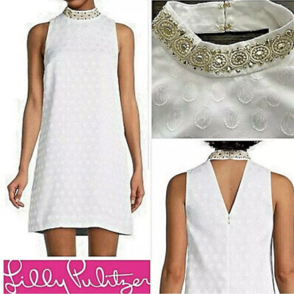 NWT Lilly Pulitzer White Sheath Dress with gold thread detail on neck